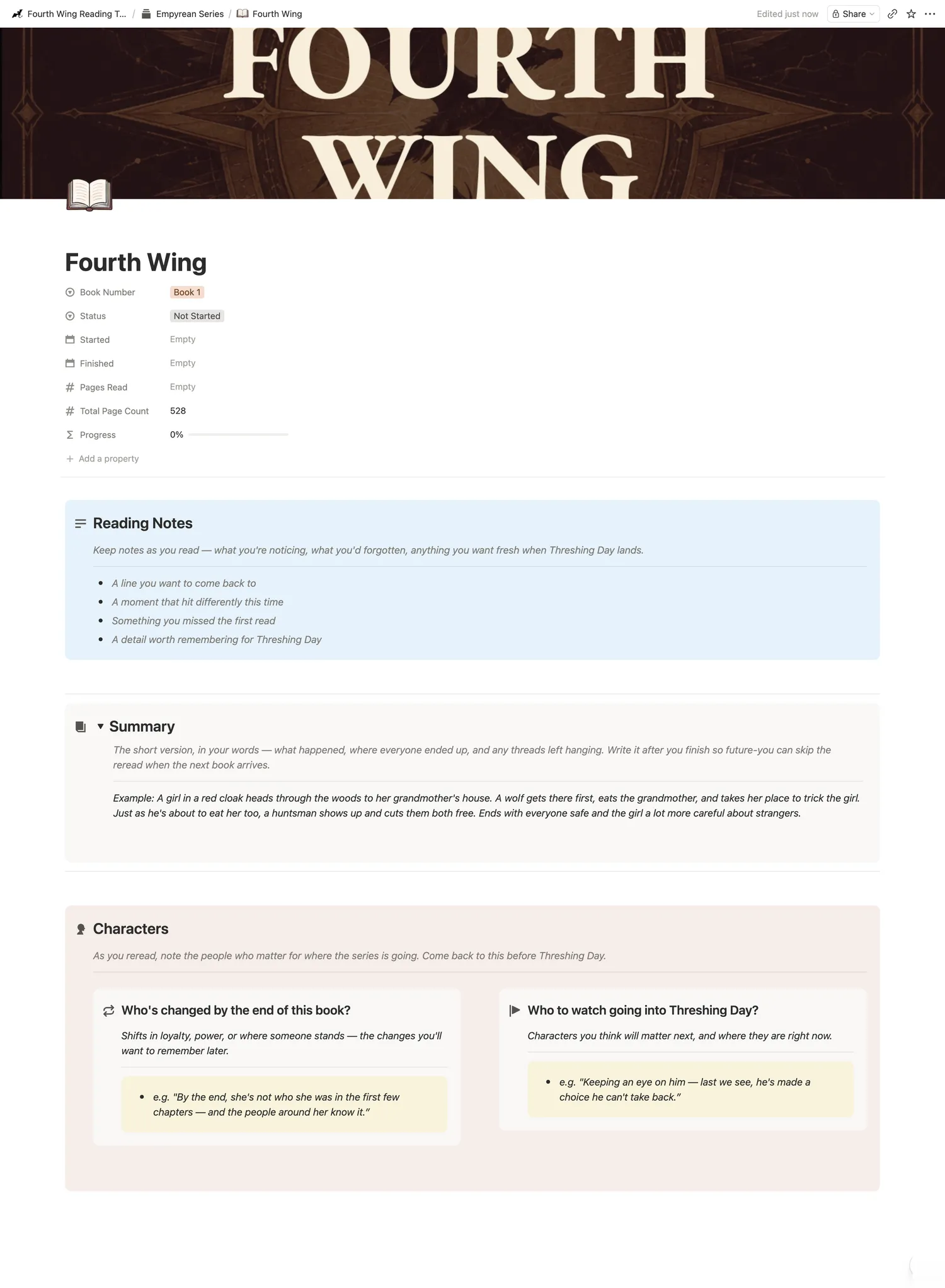 A book page inside the Fourth Wing Reading Tracker