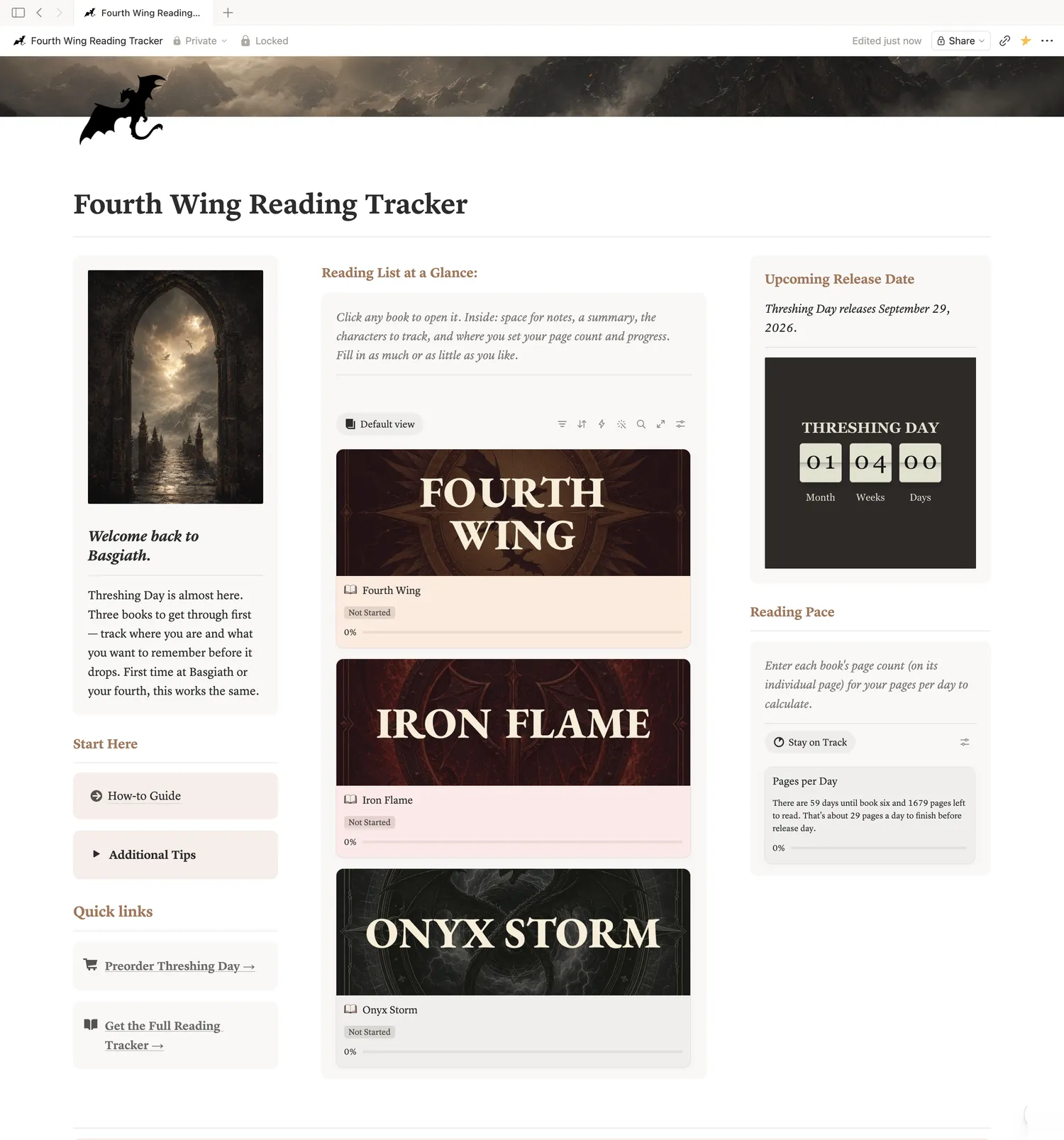The Fourth Wing Reading Tracker in Notion